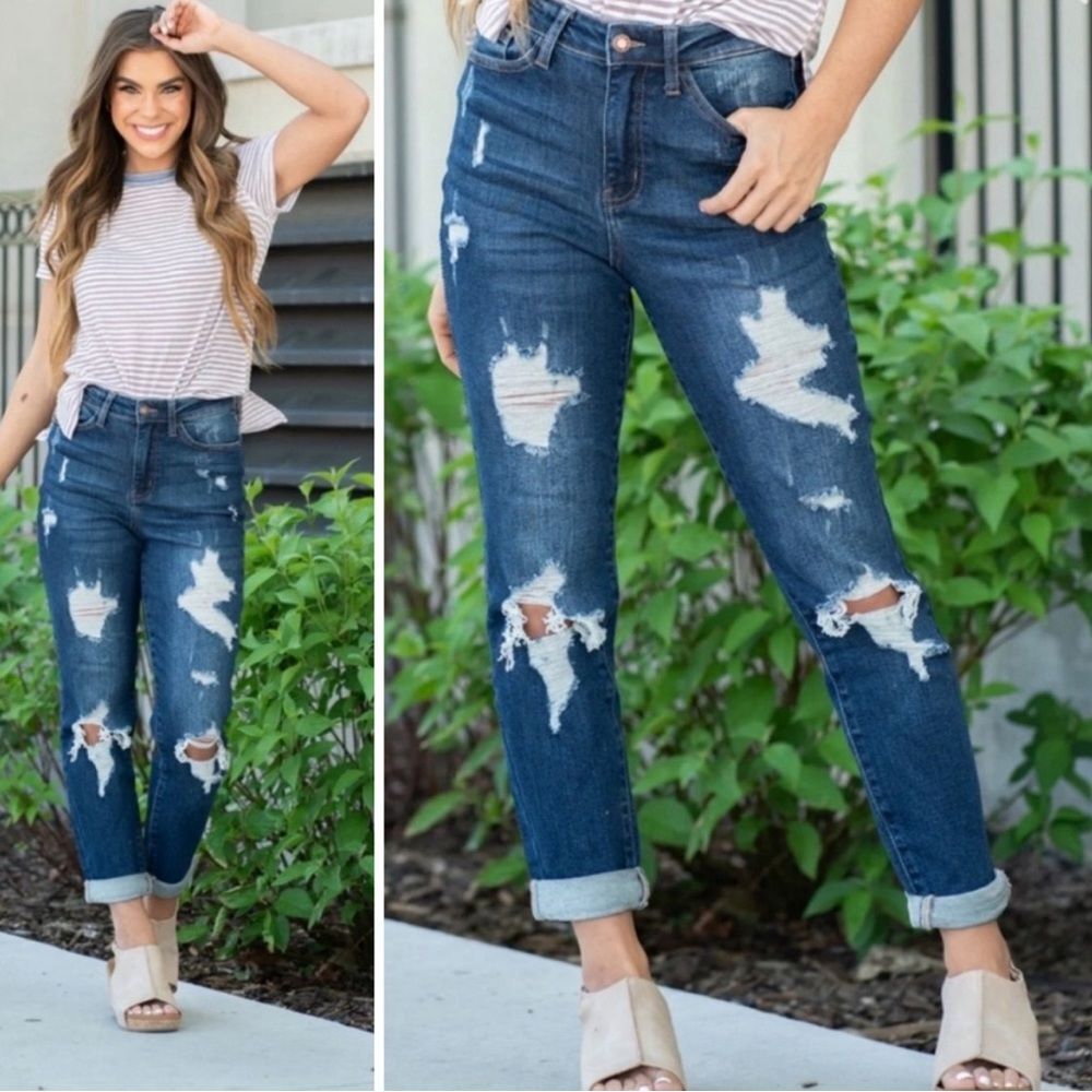 Judy Blue High Waist Destroyed Cuffed Boyfriend Jeans Dark Wash Size 29 | 8